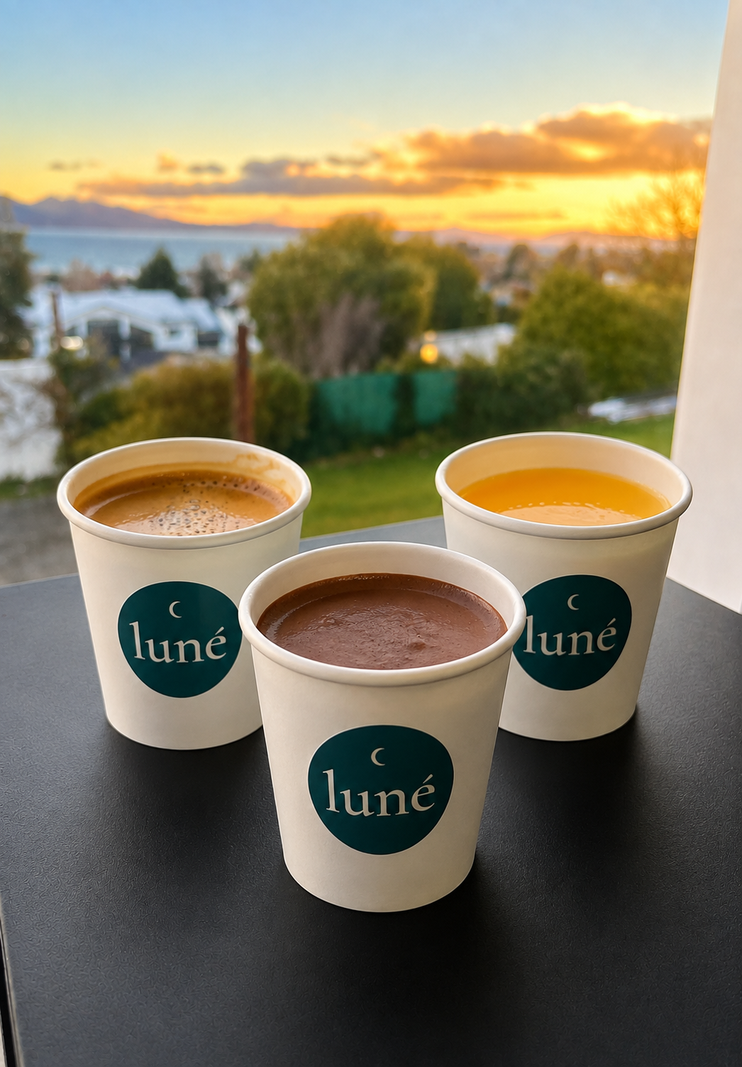 Café, chocolate caliente y jugo de naranja de LUNÉ